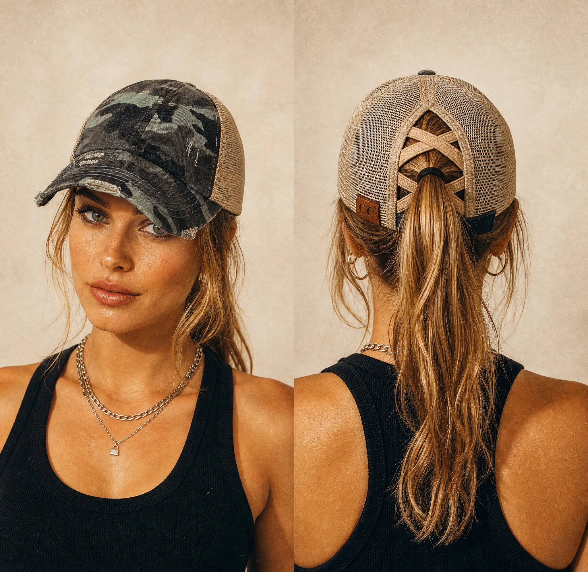 Woman wearing a camouflage baseball cap and black tank top, shown from front and back.