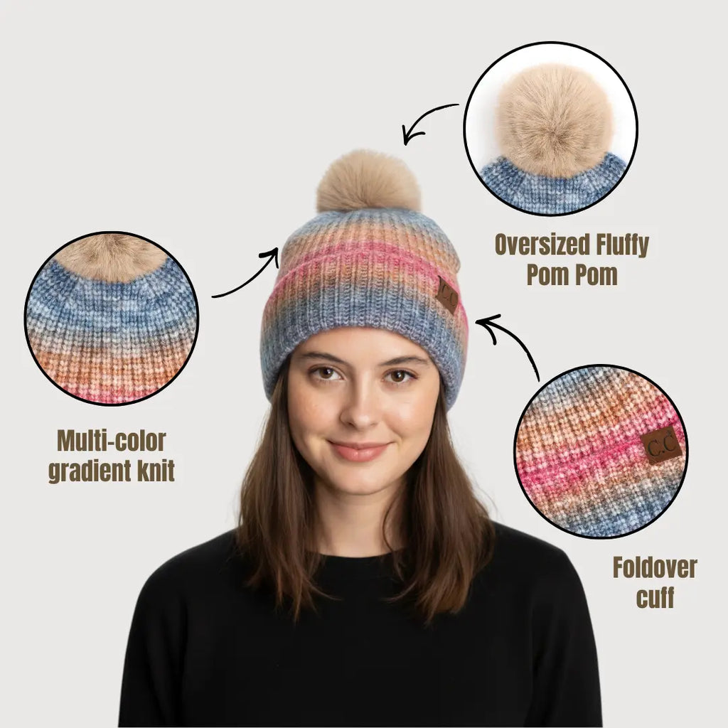 C.C Multi-Color Ombre Cuff Pom Beanie – Winter Knit Hat