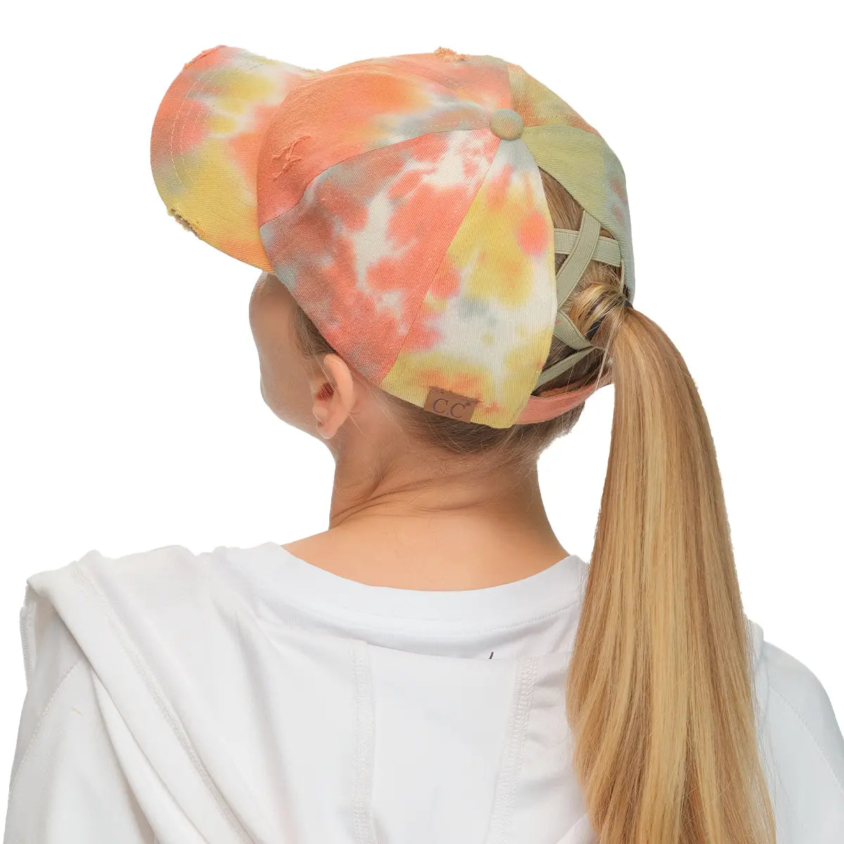 C.C Distressed Tie Dye Criss-Cross Ponytail Baseball Hat