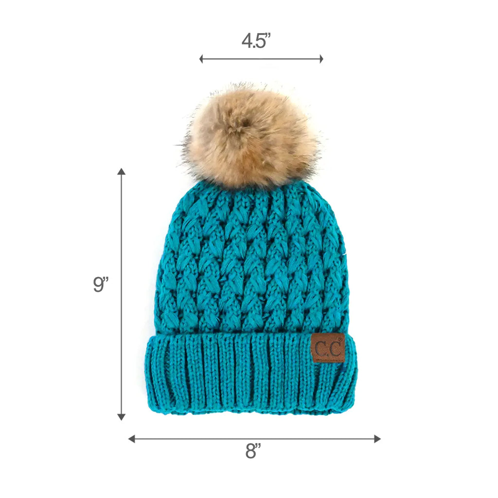 C.C Crossover Stitch Cuff Pom Beanie – Women's Lattice Knit Hat