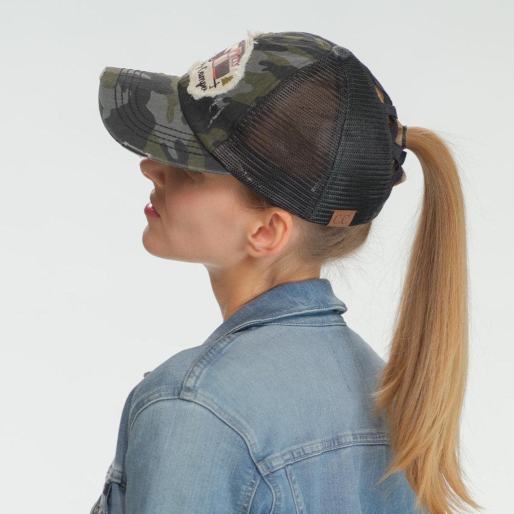 Distressed Happy Camper Embroidered Patch Ponytail Cap