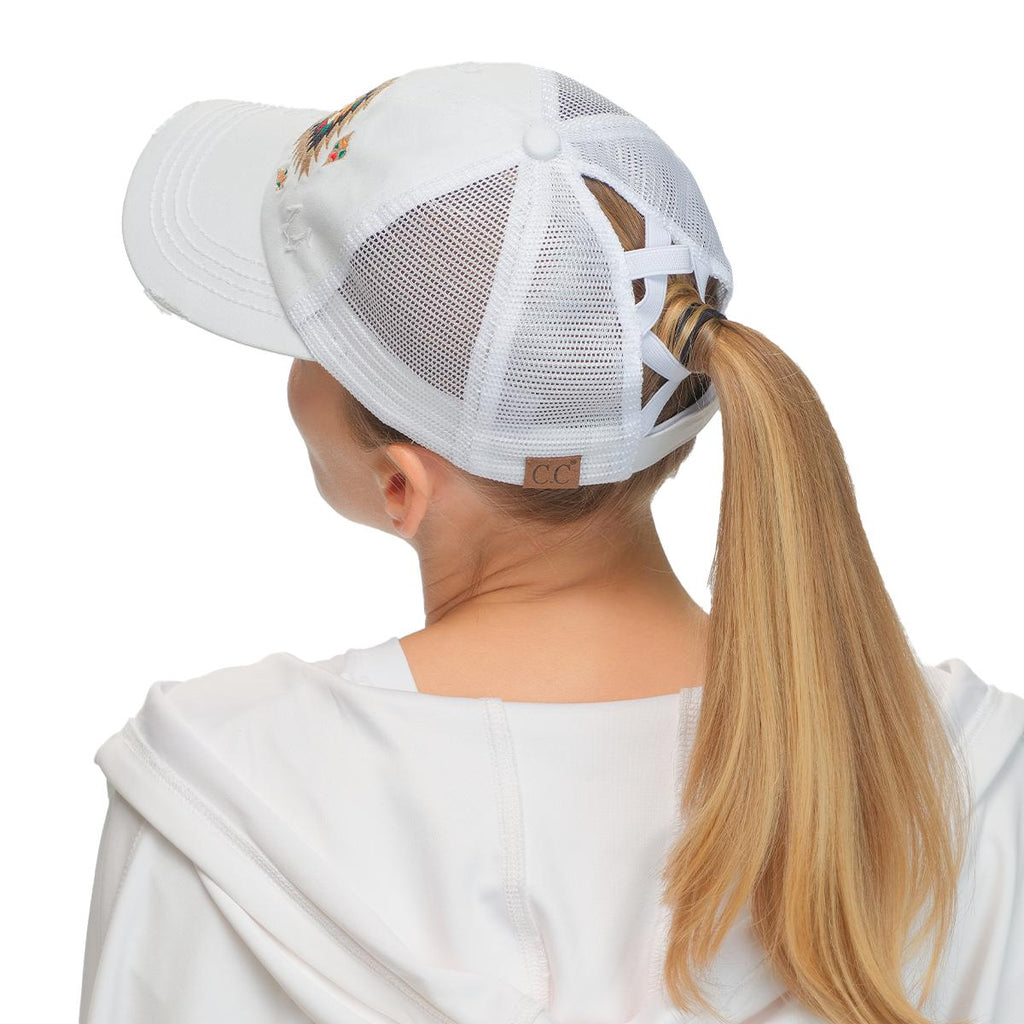 Criss-Cross Ponytail Cap with Distressed Aztec Patch for Women