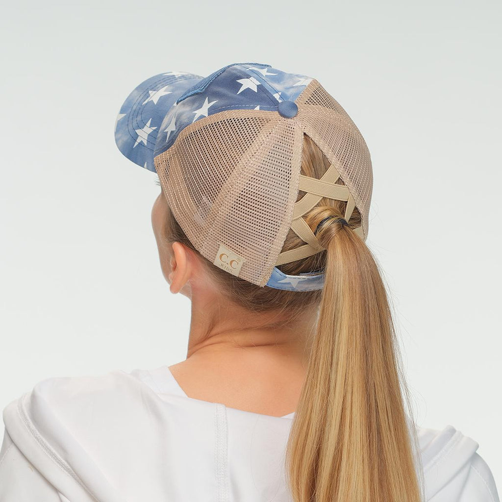 Tie-Dye Stars Flag Patch Criss-Cross Ponytail Cap