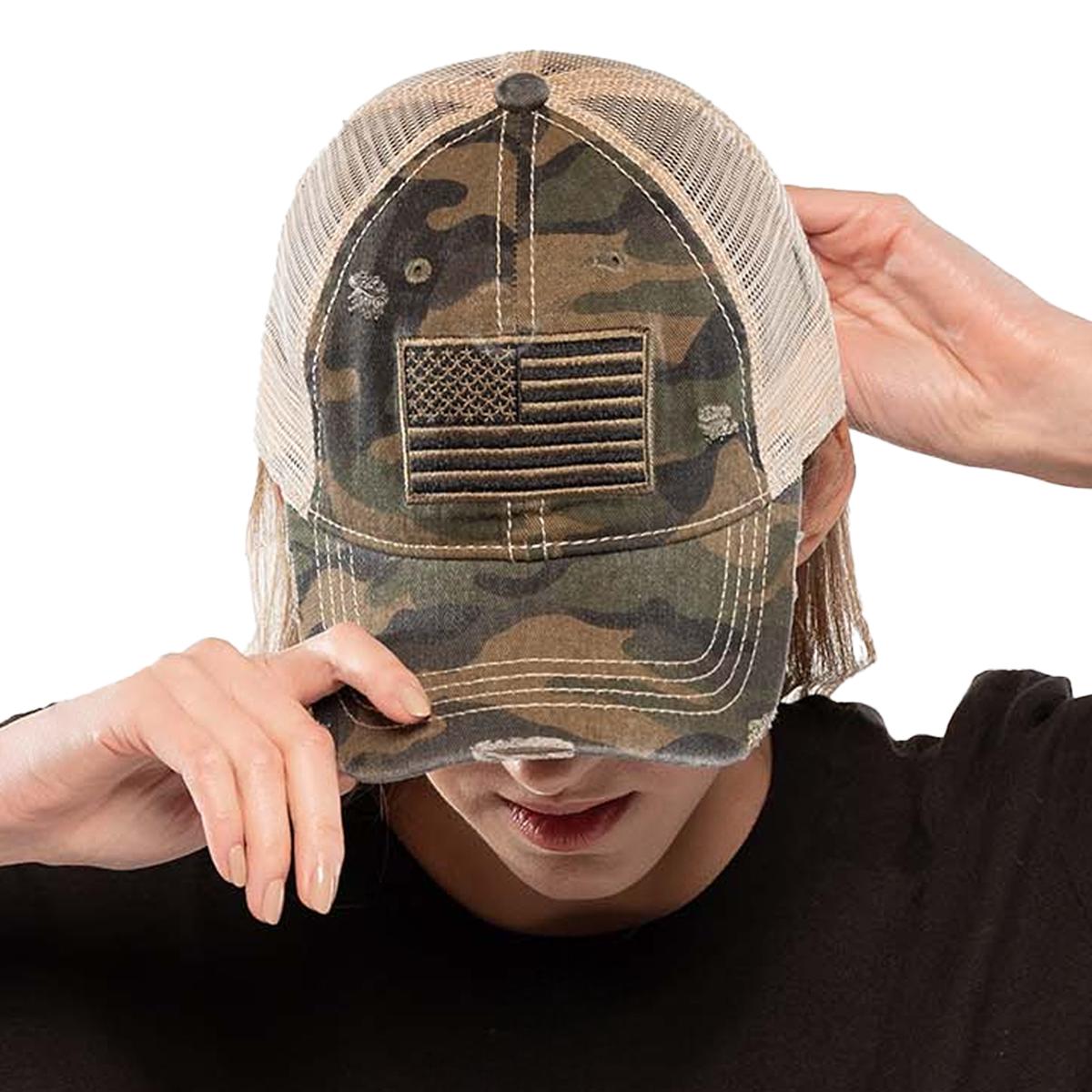Camo USA Flag Baseball Cap for Women Distressed Patriotic