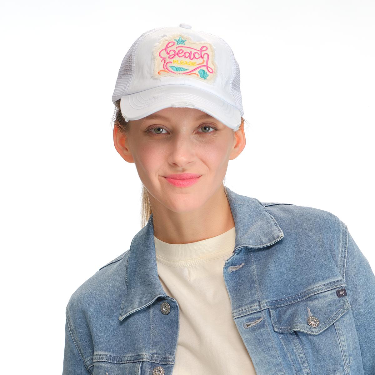 Distressed Beach Please Embroidered Patch Ponytail Cap