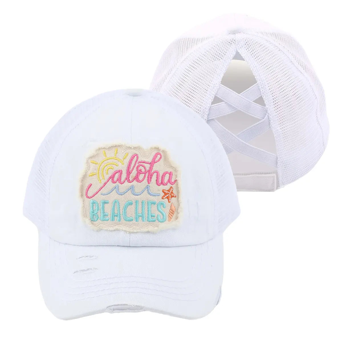 C.C Distressed Aloha Beaches Patch Criss-Cross Ponytail Baseball Cap