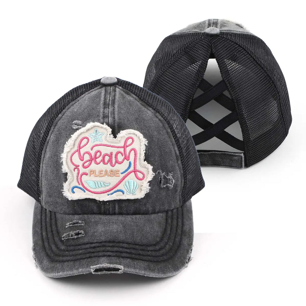 Distressed Beach Please Embroidered Patch Ponytail Cap