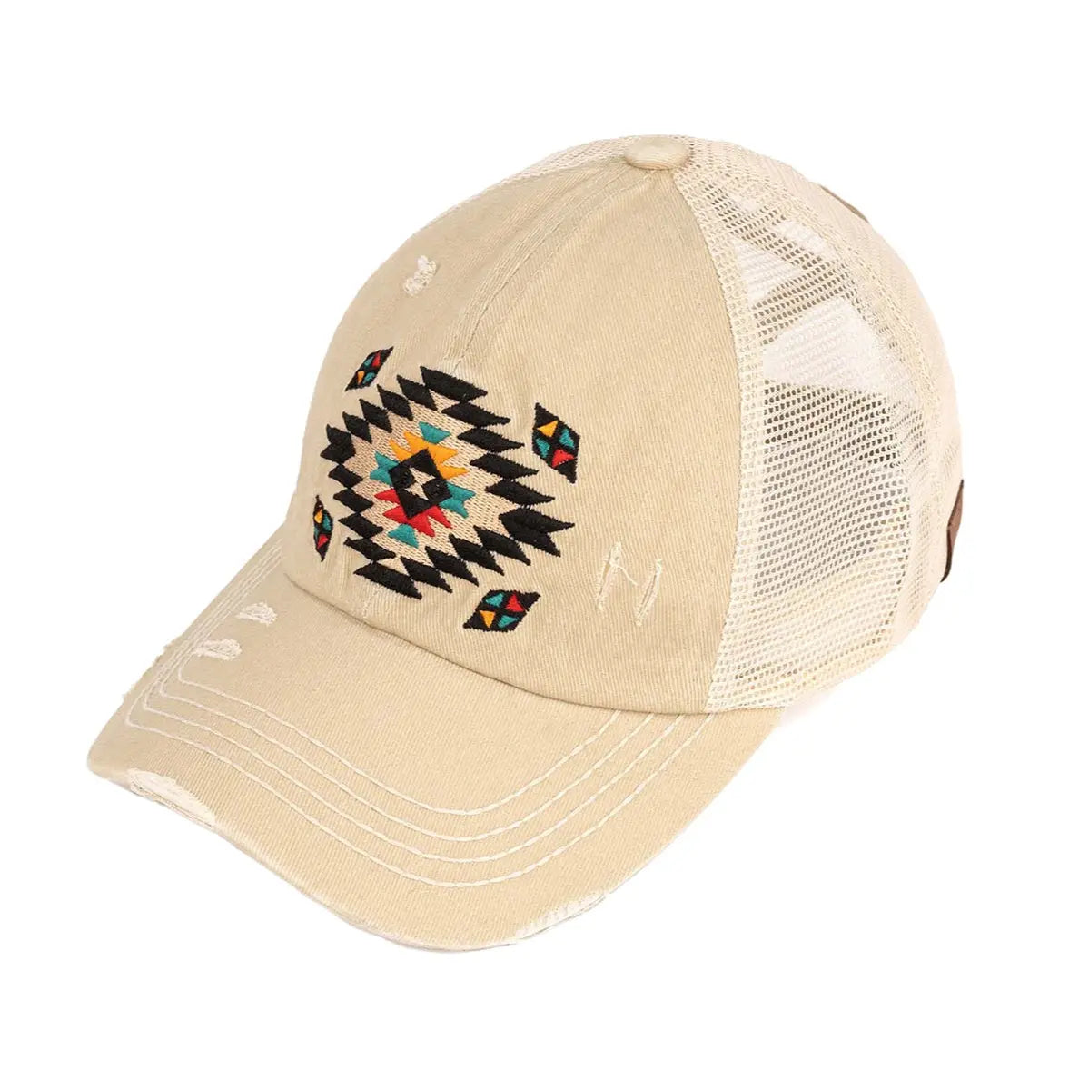 Beige trucker cap with a colorful geometric pattern on a white background