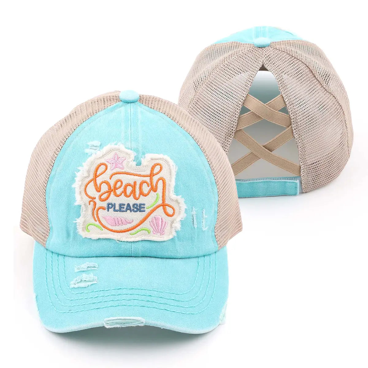 Distressed Beach Please Embroidered Patch Ponytail Cap