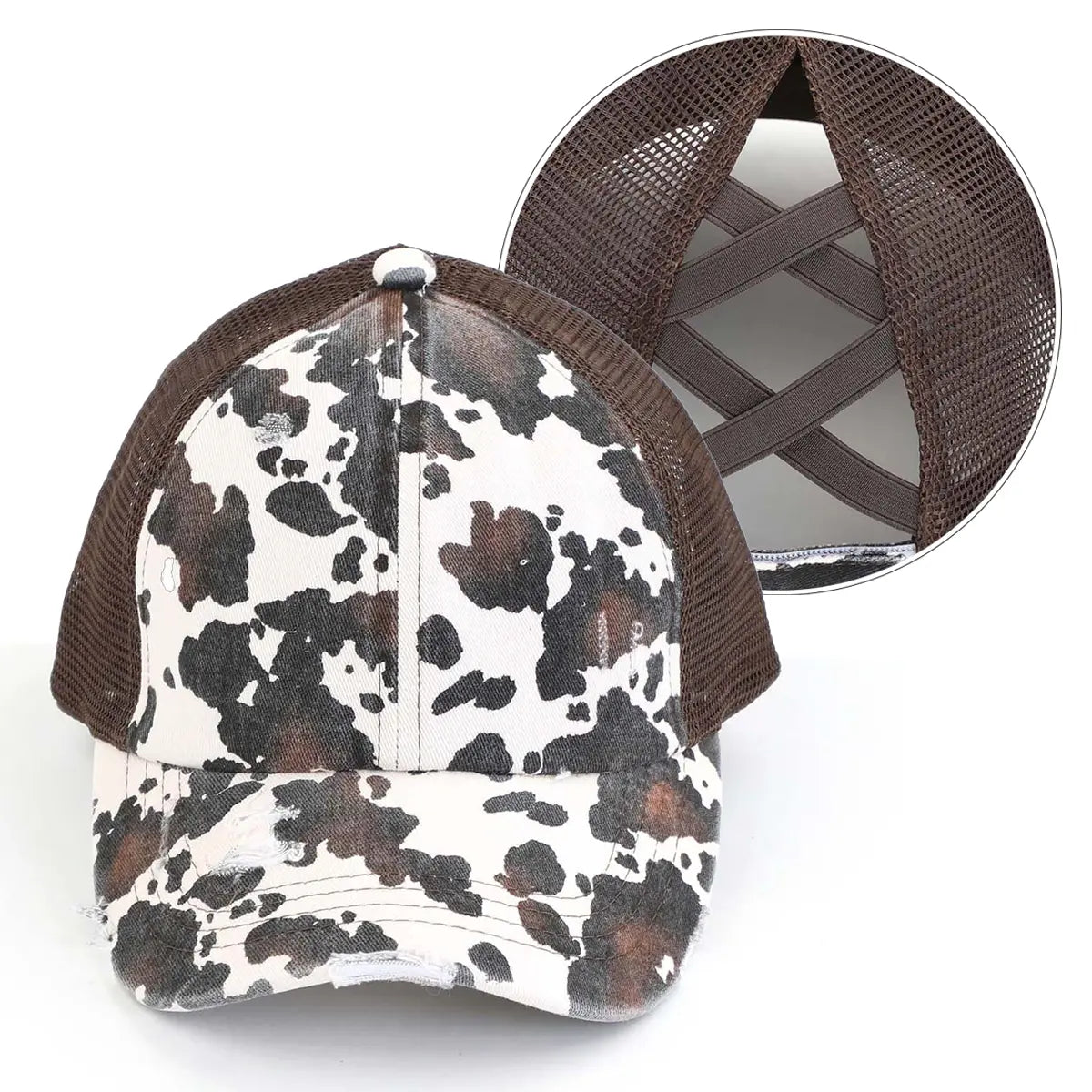 C.C Distressed Cow Print Criss-Cross Ponytail Baseball Cap