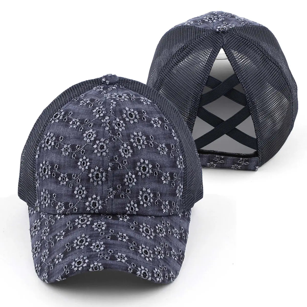 C.C Flower Embroidery Criss-Cross Ponytail Baseball Cap