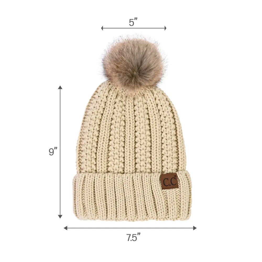 C.C Fuzzy Lined Cuff Pom Beanie – Women's Faux Fur Pom Knit Hat
