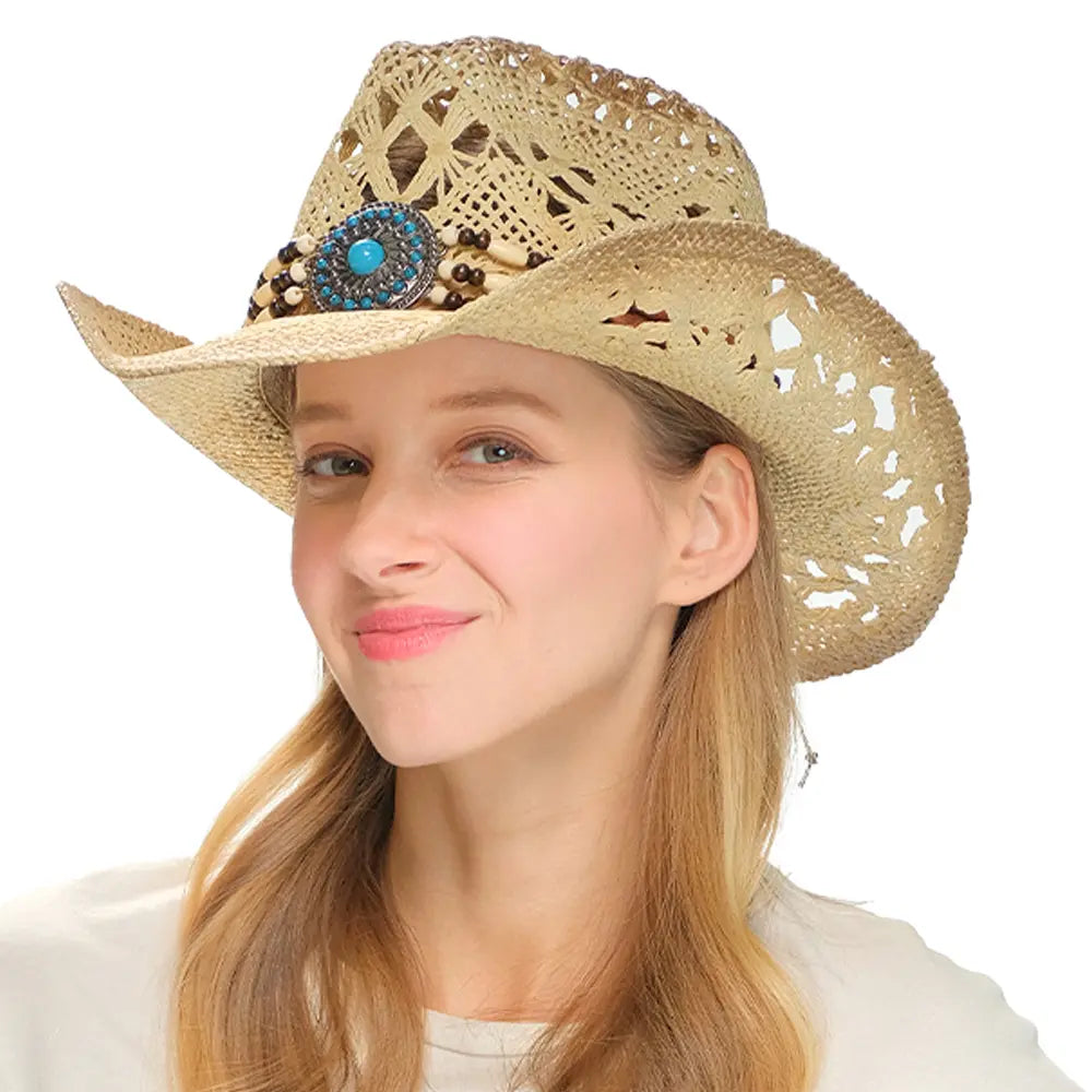 C.C Wooden Bead Band Tea-Stain Open Weave Cowboy Hat – Western Hat