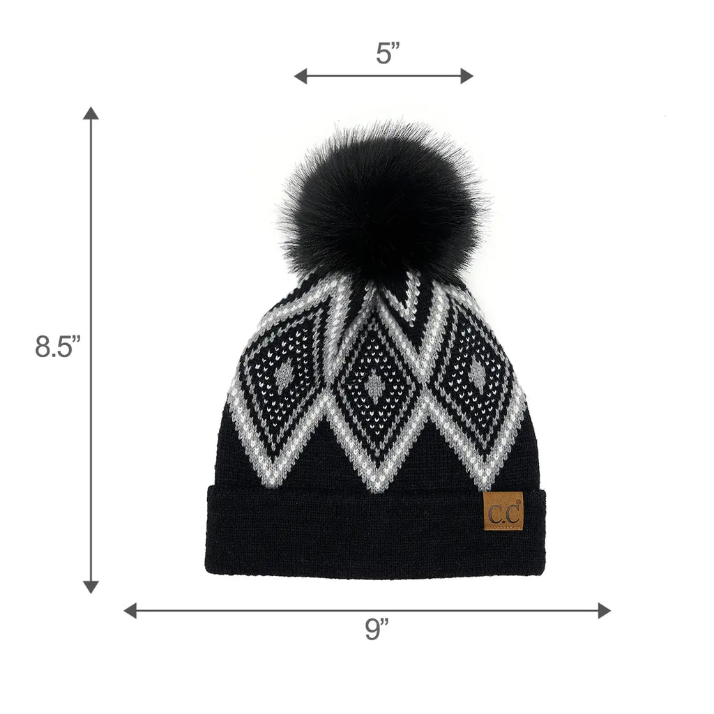 C.C Luxe Diamond Pattern Cuff Pom Beanie – Geometric Knit Hat