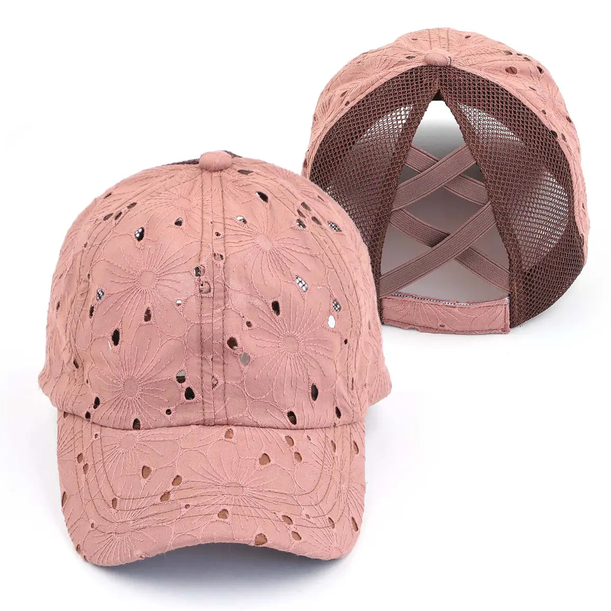 C.C Embroidered Eyelet Criss-Cross Ponytail Baseball Hat