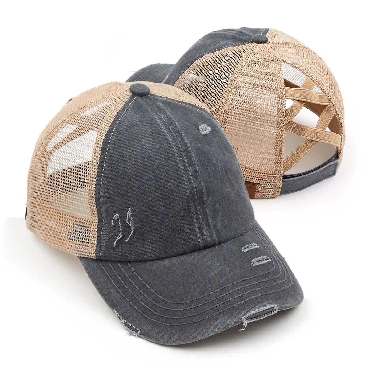 Distressed Criss-Cross Ponytail Cap