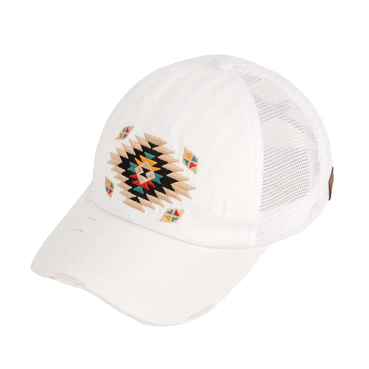 Distressed Aztec Patch Criss-Cross Ponytail Cap