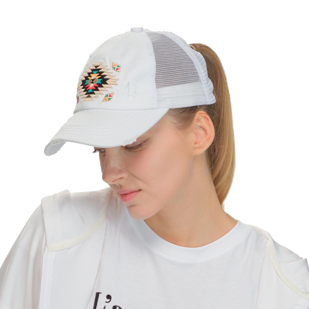 Criss-Cross Ponytail Cap with Distressed Aztec Patch for Women