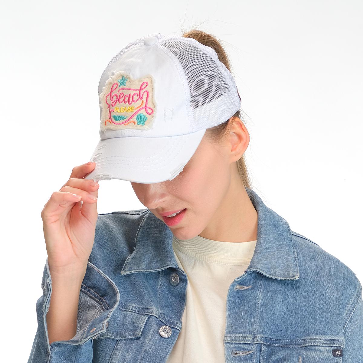 Distressed Beach Please Embroidered Patch Ponytail Cap