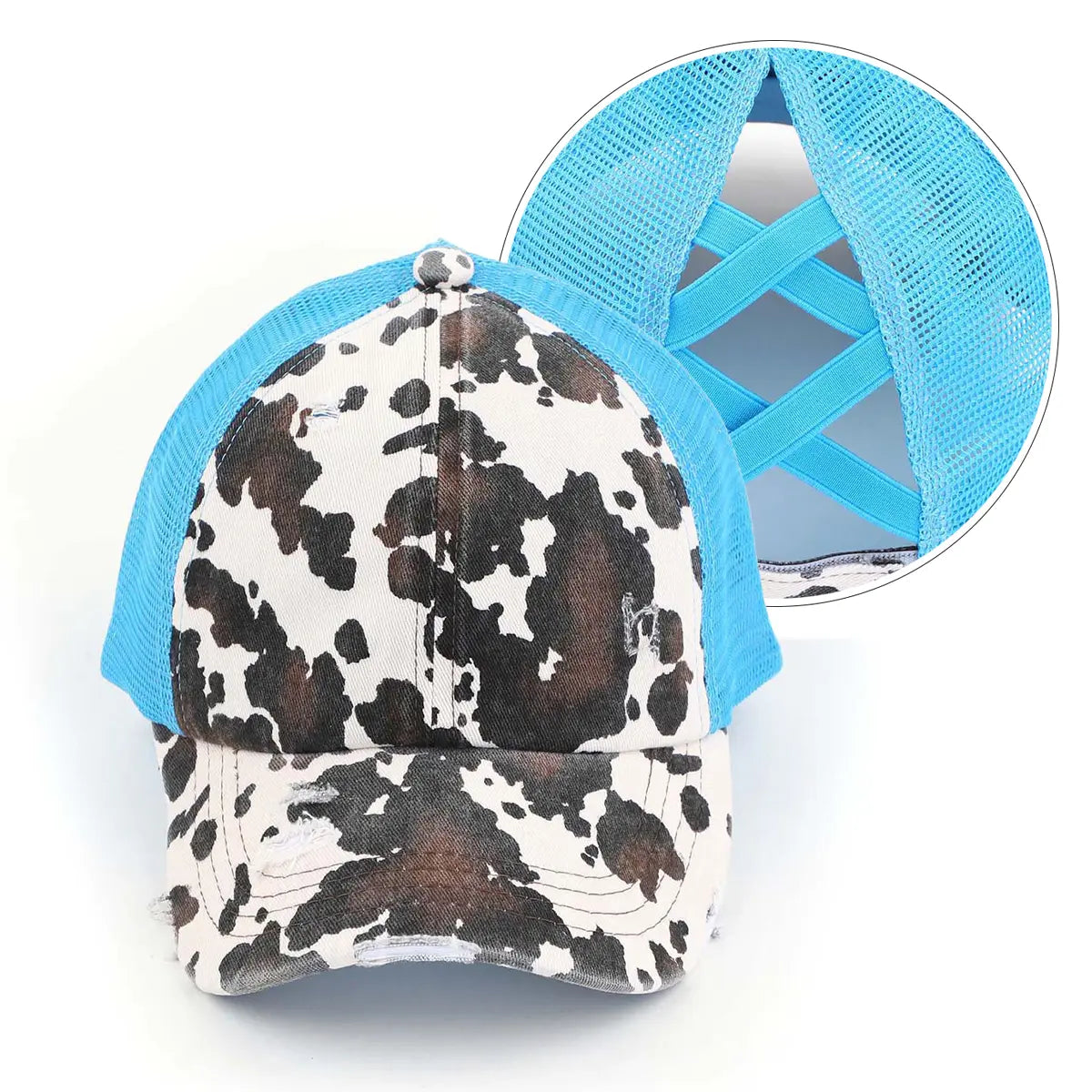C.C Distressed Cow Print Criss-Cross Ponytail Baseball Cap