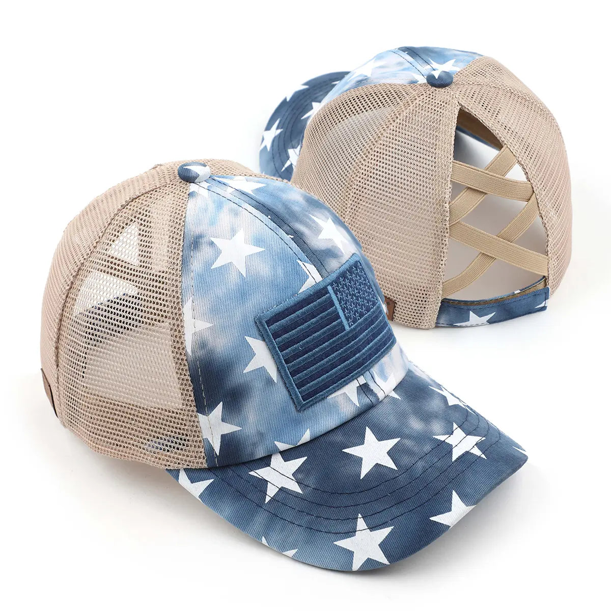 Tie-Dye Stars Flag Patch Criss-Cross Ponytail Cap