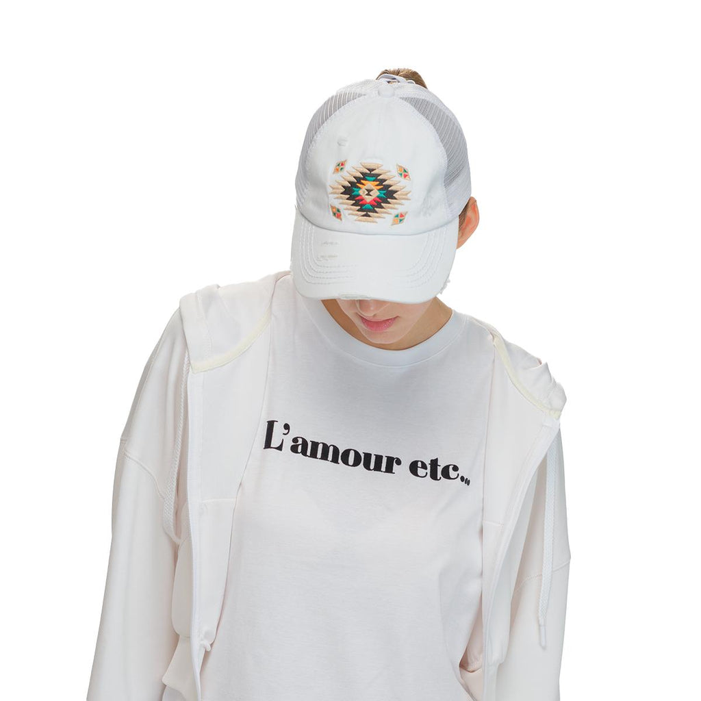 Criss-Cross Ponytail Cap with Distressed Aztec Patch for Women