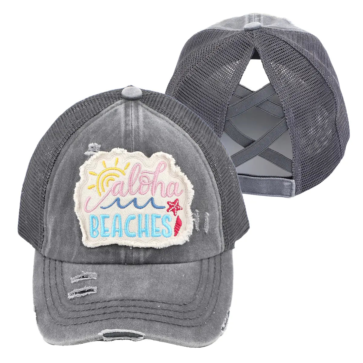 C.C Distressed Aloha Beaches Patch Criss-Cross Ponytail Baseball Cap