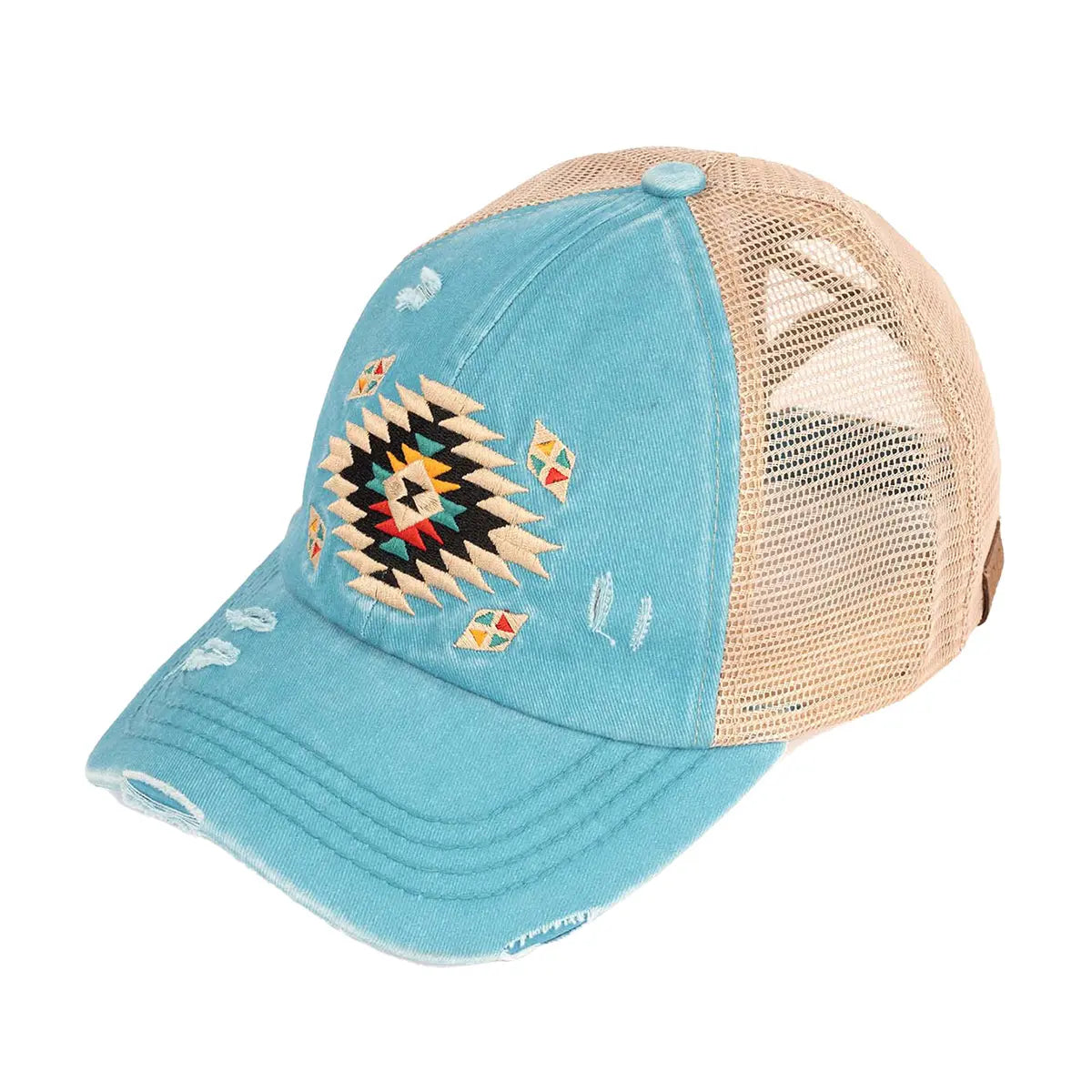 Distressed Aztec Patch Criss-Cross Ponytail Cap