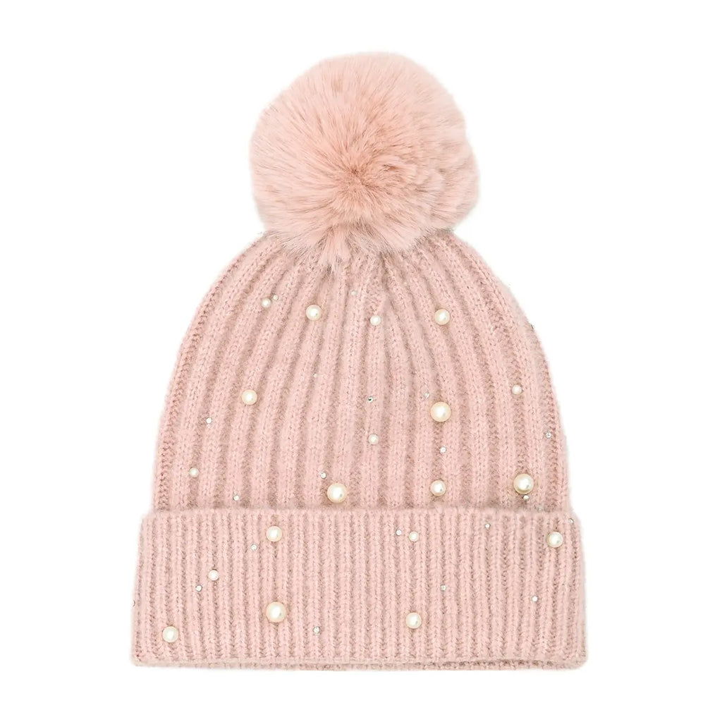 C.C Pearl & Rhinestone Pom Cuff Beanie