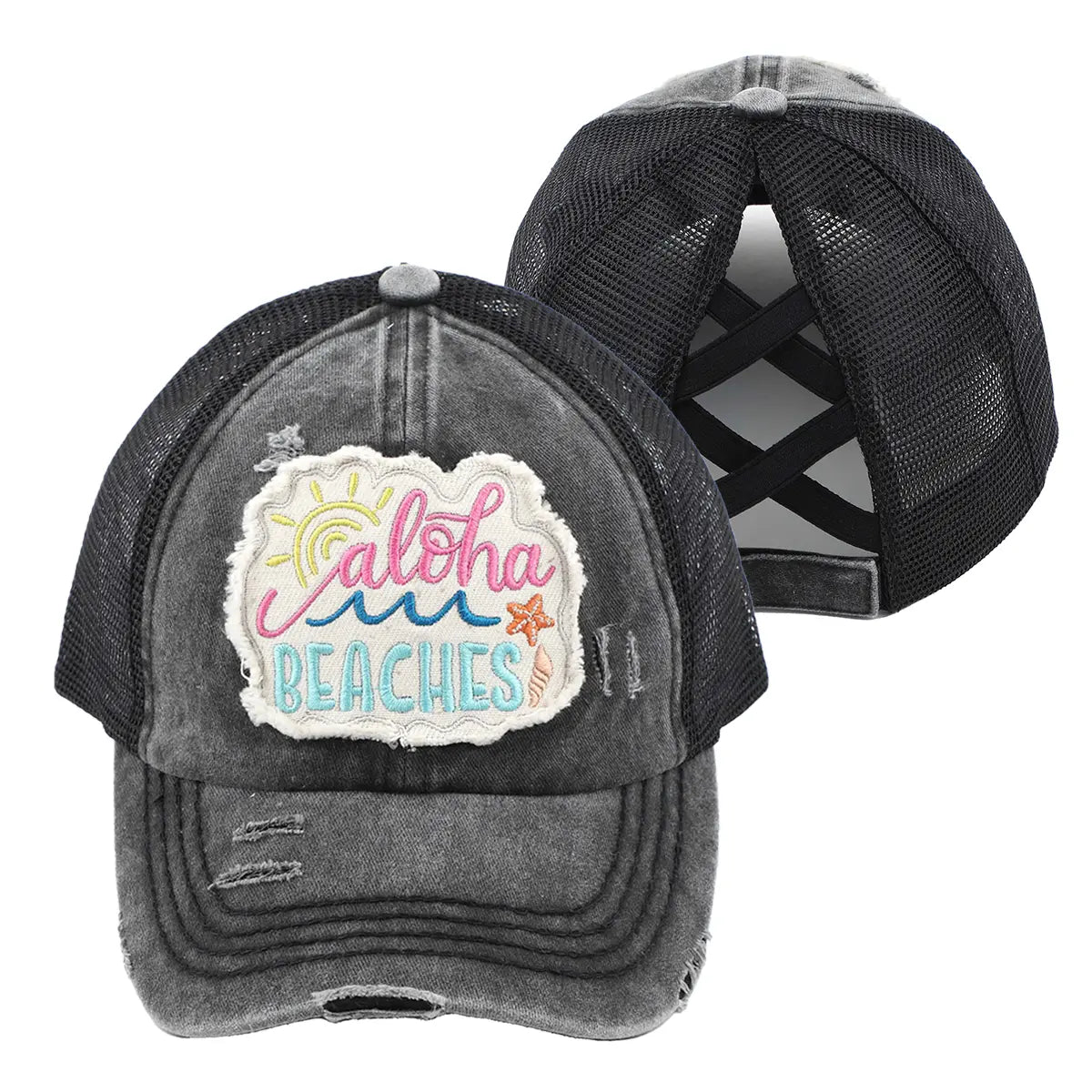 C.C Distressed Aloha Beaches Patch Criss-Cross Ponytail Baseball Cap