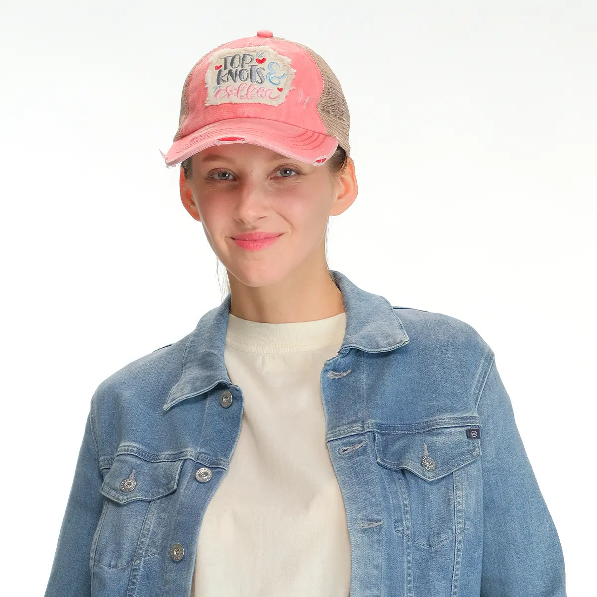 C.C Distressed Top Knots & Coffee Patch Criss-Cross Ponytail Baseball Cap
