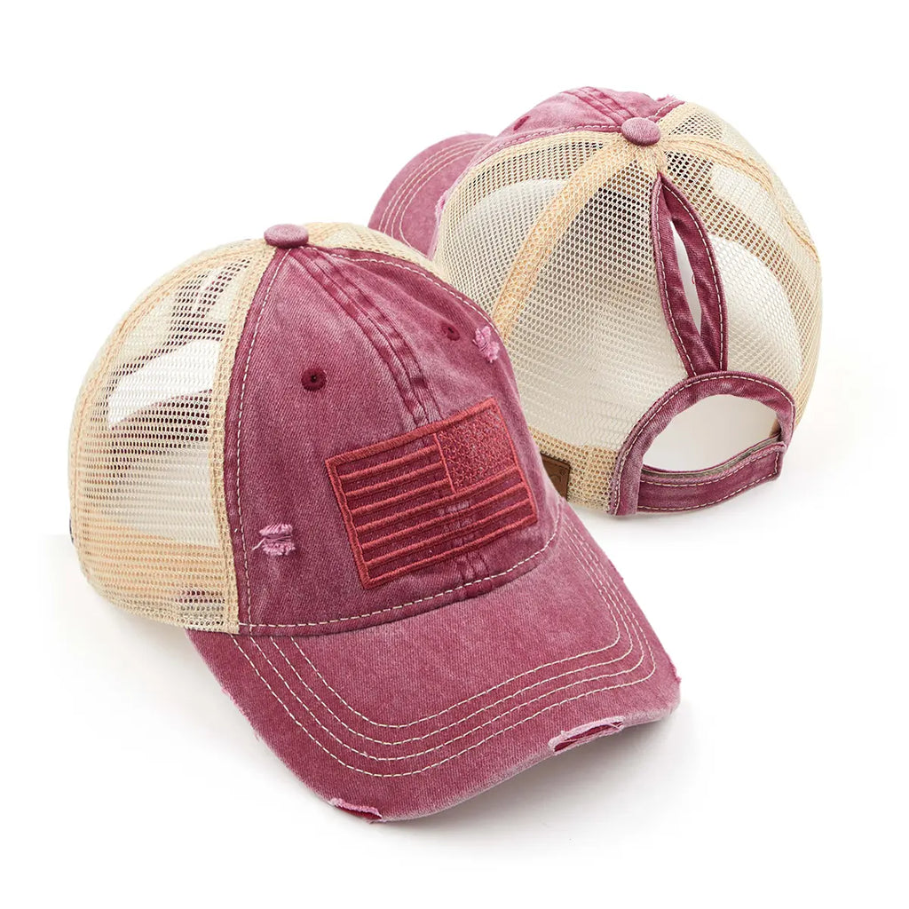 Distressed Tone & Tone Embroidered USA Flag Ponytail Cap