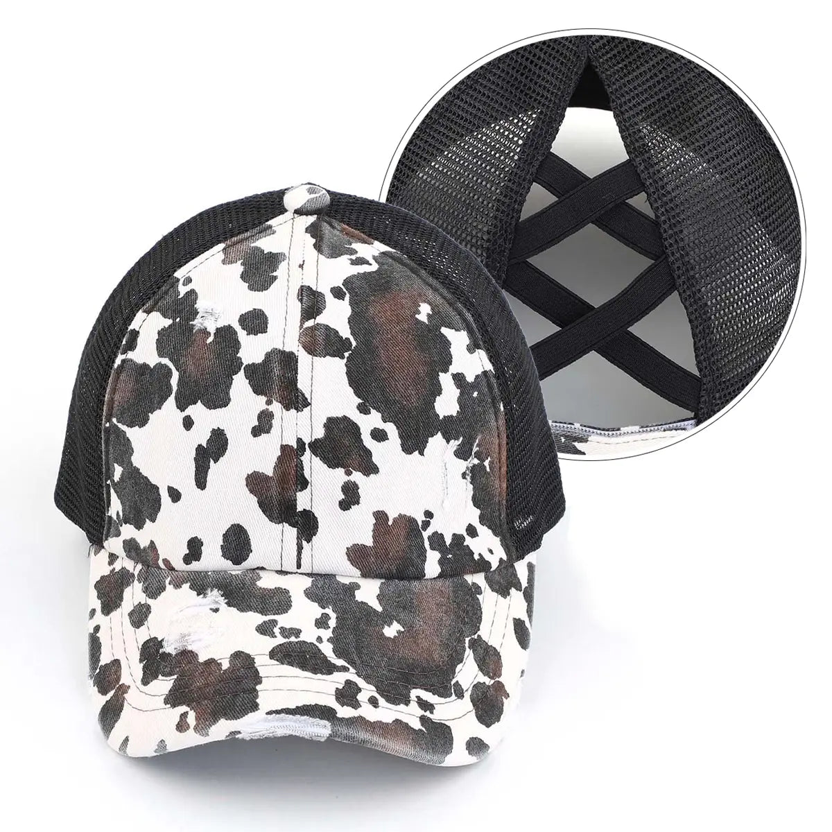 C.C Distressed Cow Print Criss-Cross Ponytail Baseball Cap