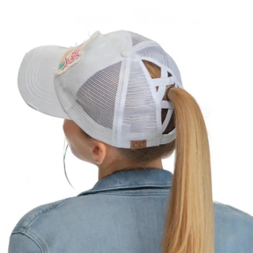 Distressed Beach Please Embroidered Patch Ponytail Cap