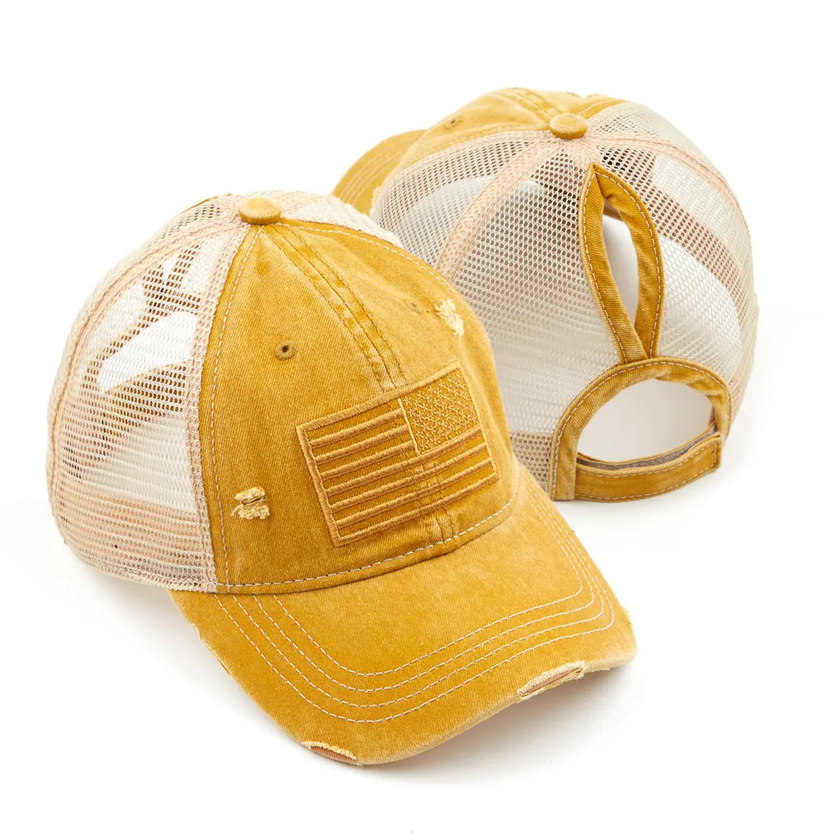 Distressed Tone & Tone Embroidered USA Flag Ponytail Cap