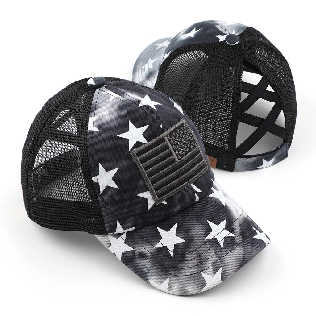 Tie-Dye Stars Flag Patch Criss-Cross Ponytail Cap