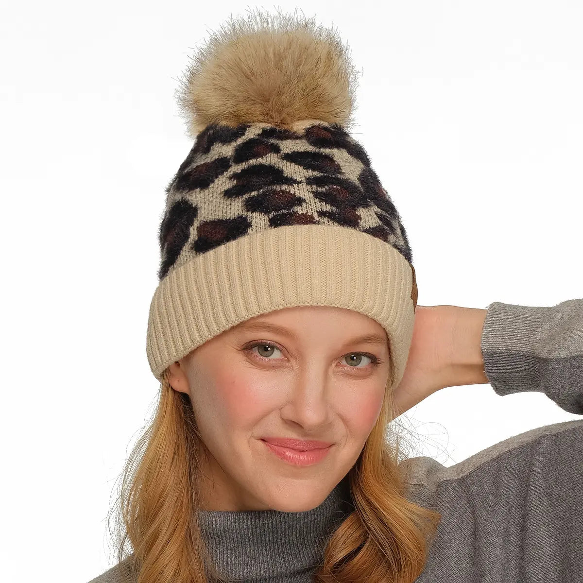 C.C Leopard Print Pom Beanie