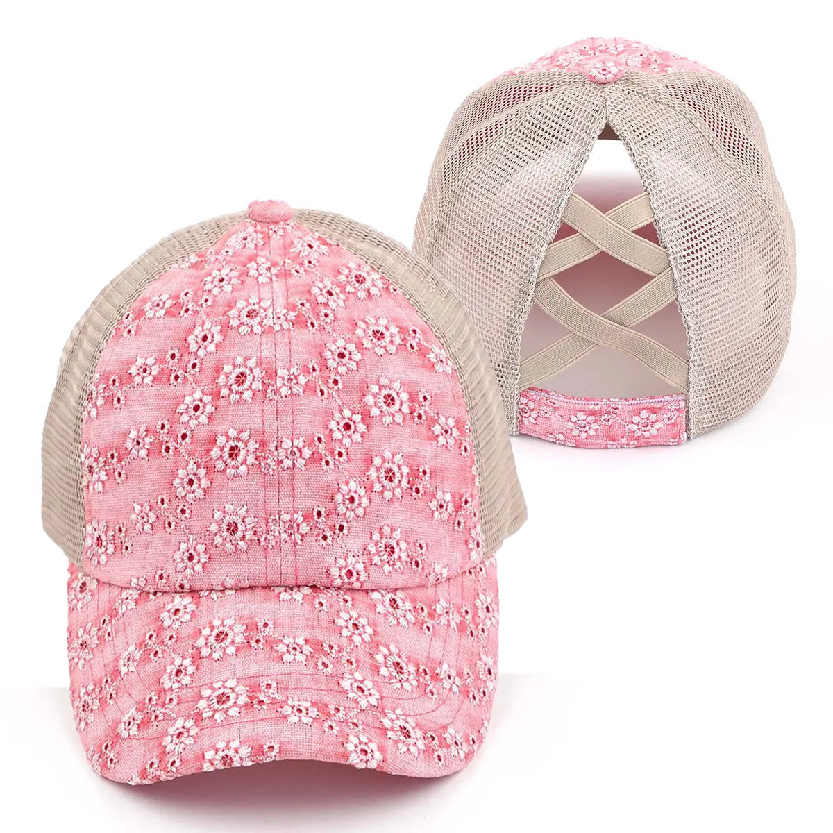 C.C Flower Embroidery Criss-Cross Ponytail Baseball Cap