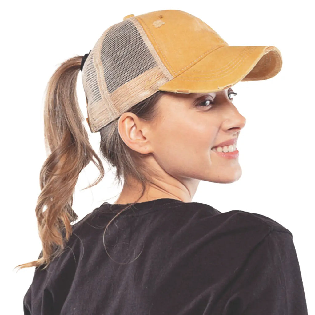 C.C Distressed Washed Cotton Ponytail Baseball Hat