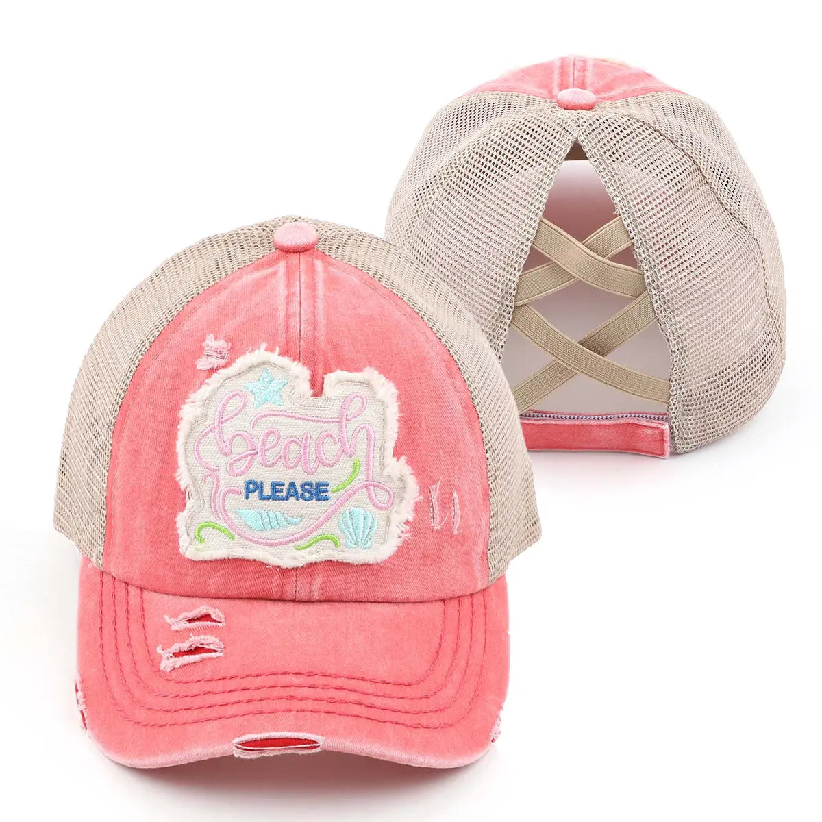 Distressed Beach Please Embroidered Patch Ponytail Cap