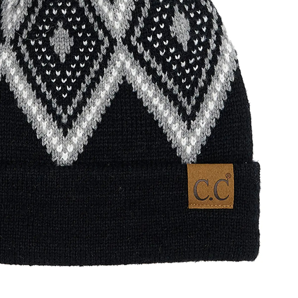 C.C Luxe Diamond Pattern Cuff Pom Beanie – Geometric Knit Hat