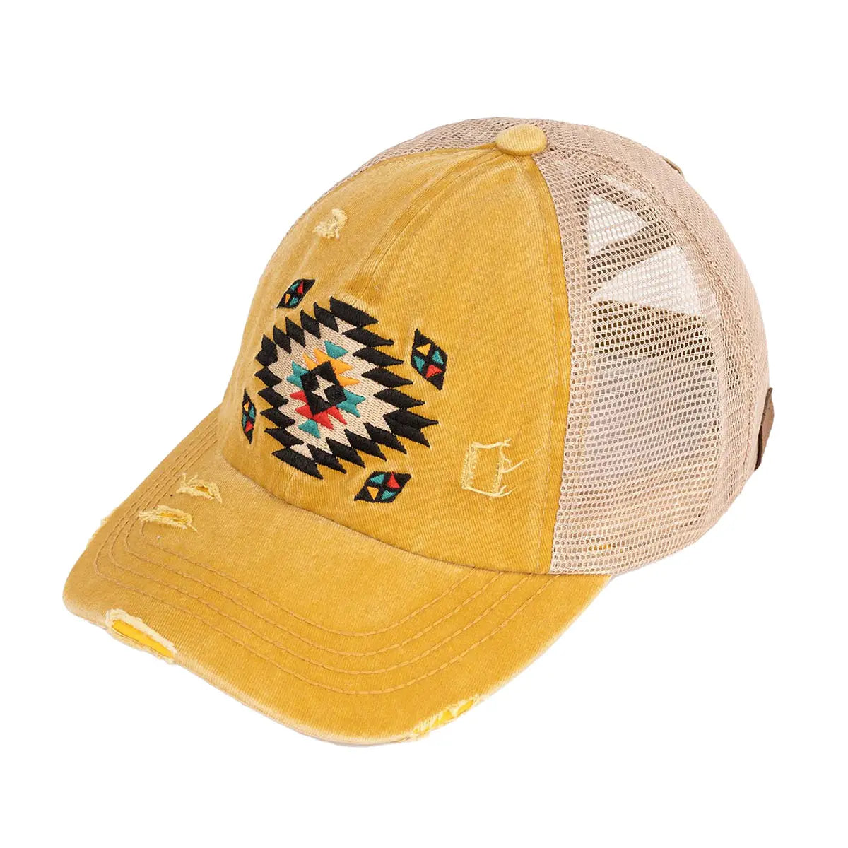 Distressed Aztec Patch Criss-Cross Ponytail Cap