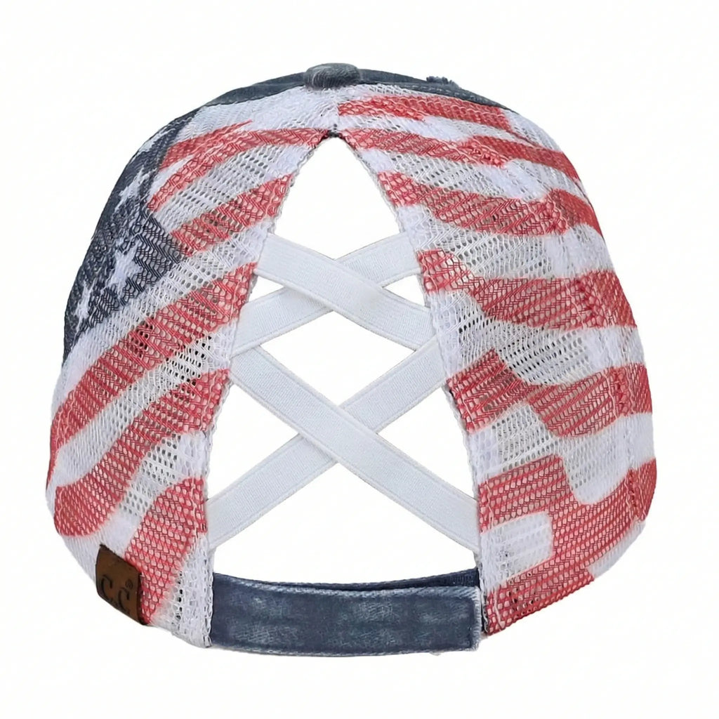 C.C Distressed Embroidered USA Flag Criss-Cross Ponytail Hat