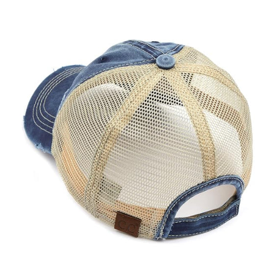 A distressed trucker-style baseball cap shown from the back, featuring a blue denim crown and brim, beige mesh back panels, and an adjustable hook-and-loop strap with a small brown leather patch. The text 'BA-912' is printed in the top right corner.