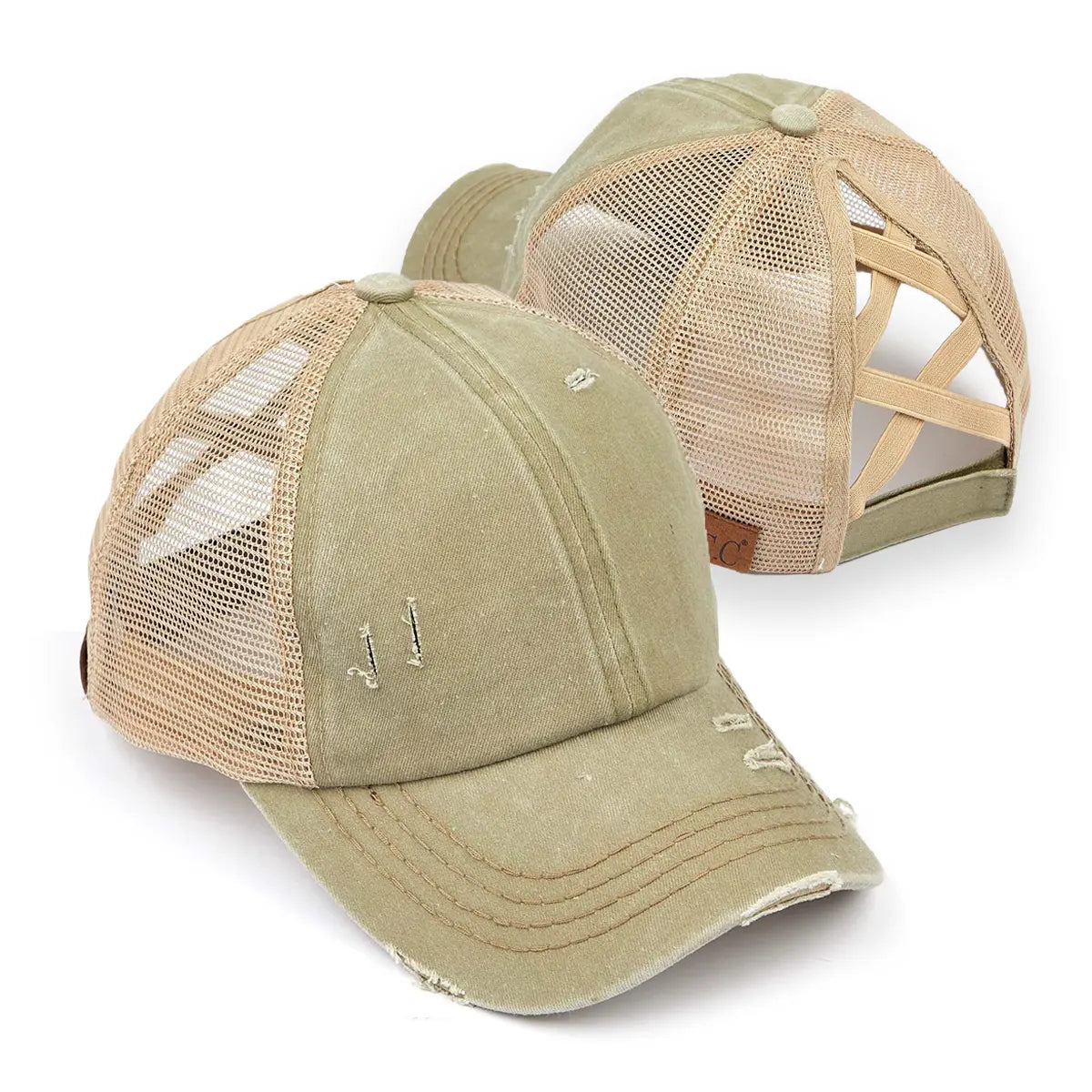 Distressed Criss-Cross Ponytail Cap