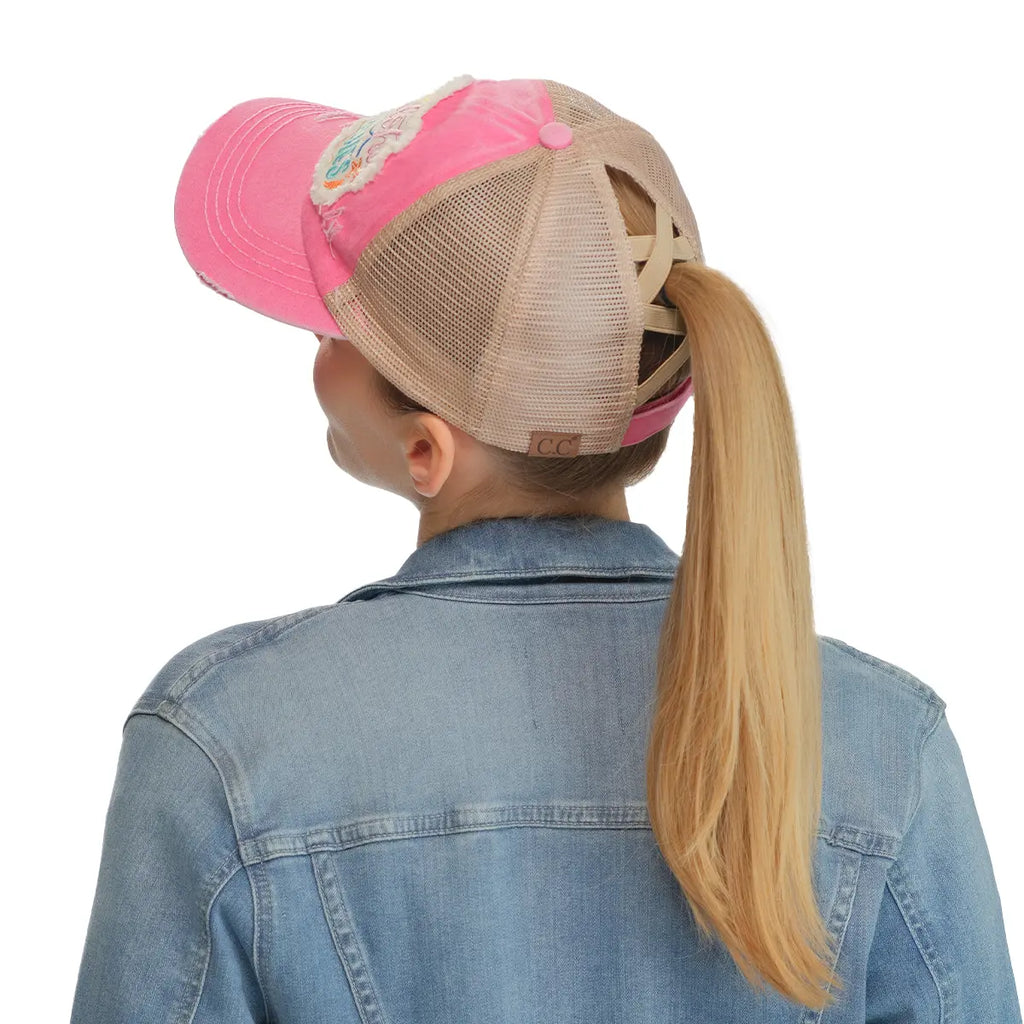 C.C Distressed Aloha Beaches Patch Criss-Cross Ponytail Baseball Cap