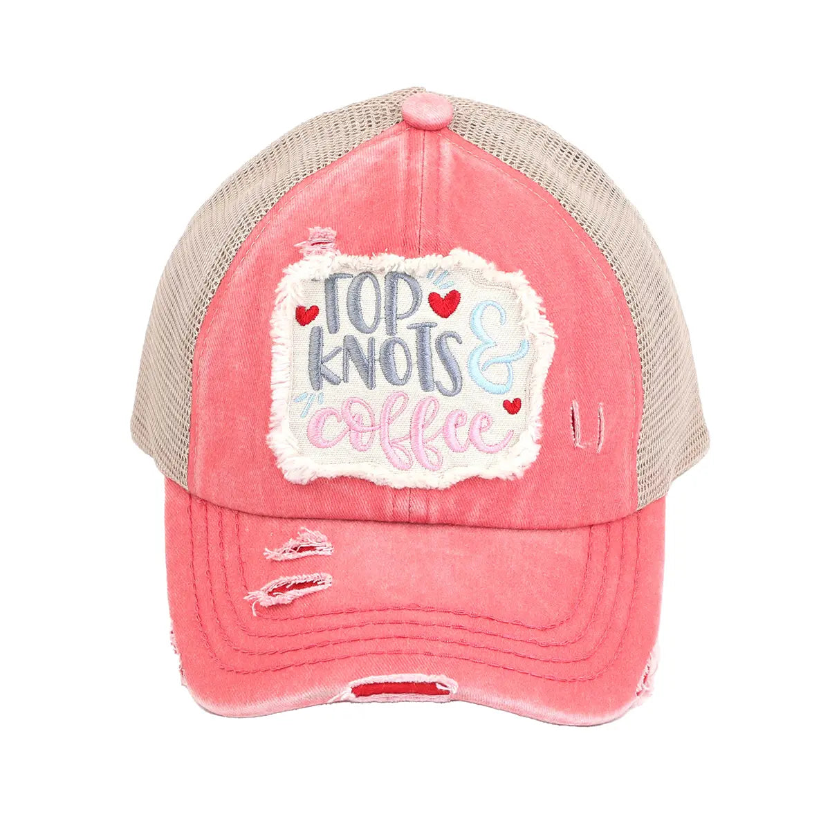 C.C Distressed Top Knots & Coffee Patch Criss-Cross Ponytail Baseball Cap