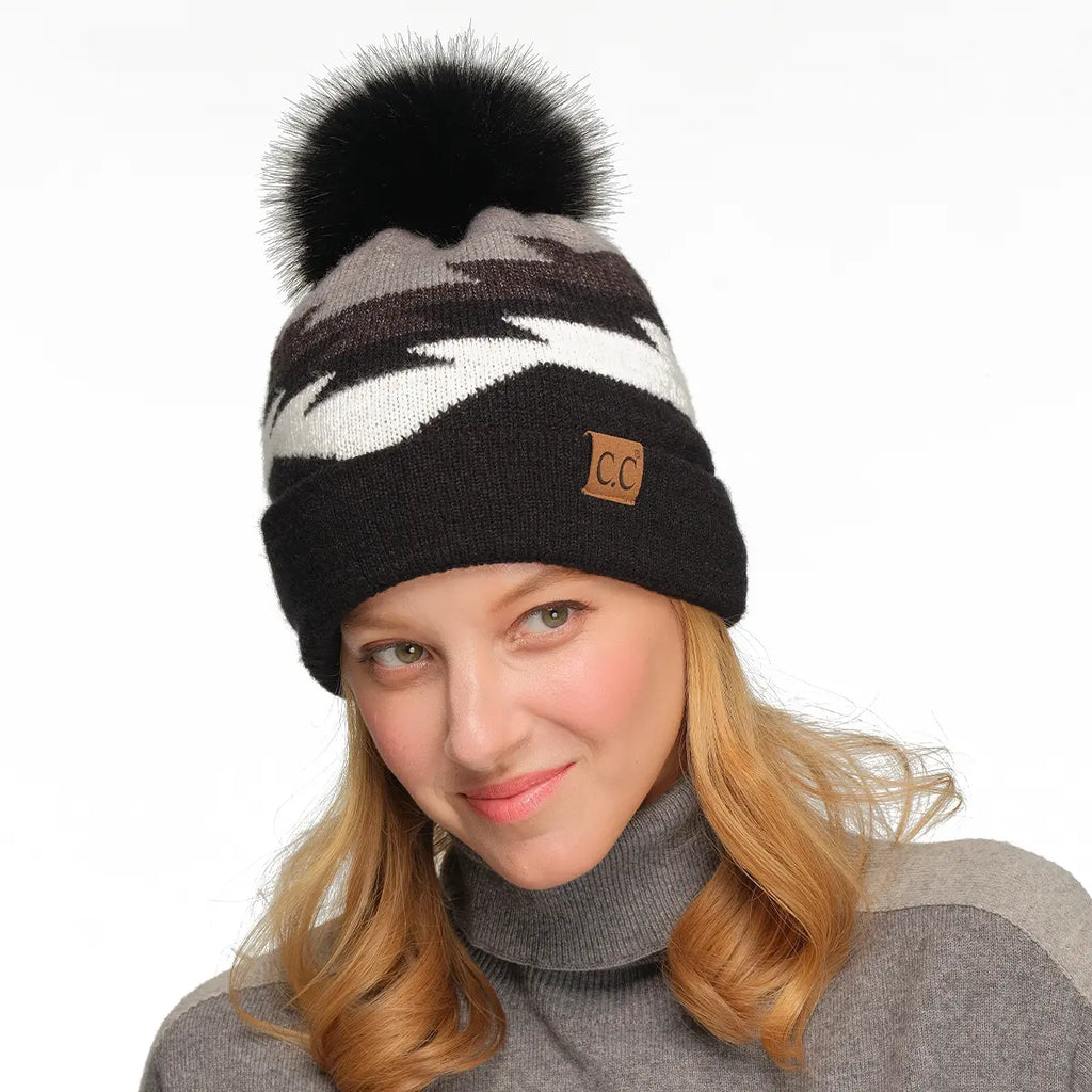 C.C Aztec Pattern Cuff Pom Beanie – Boho Geometric Knit Hat