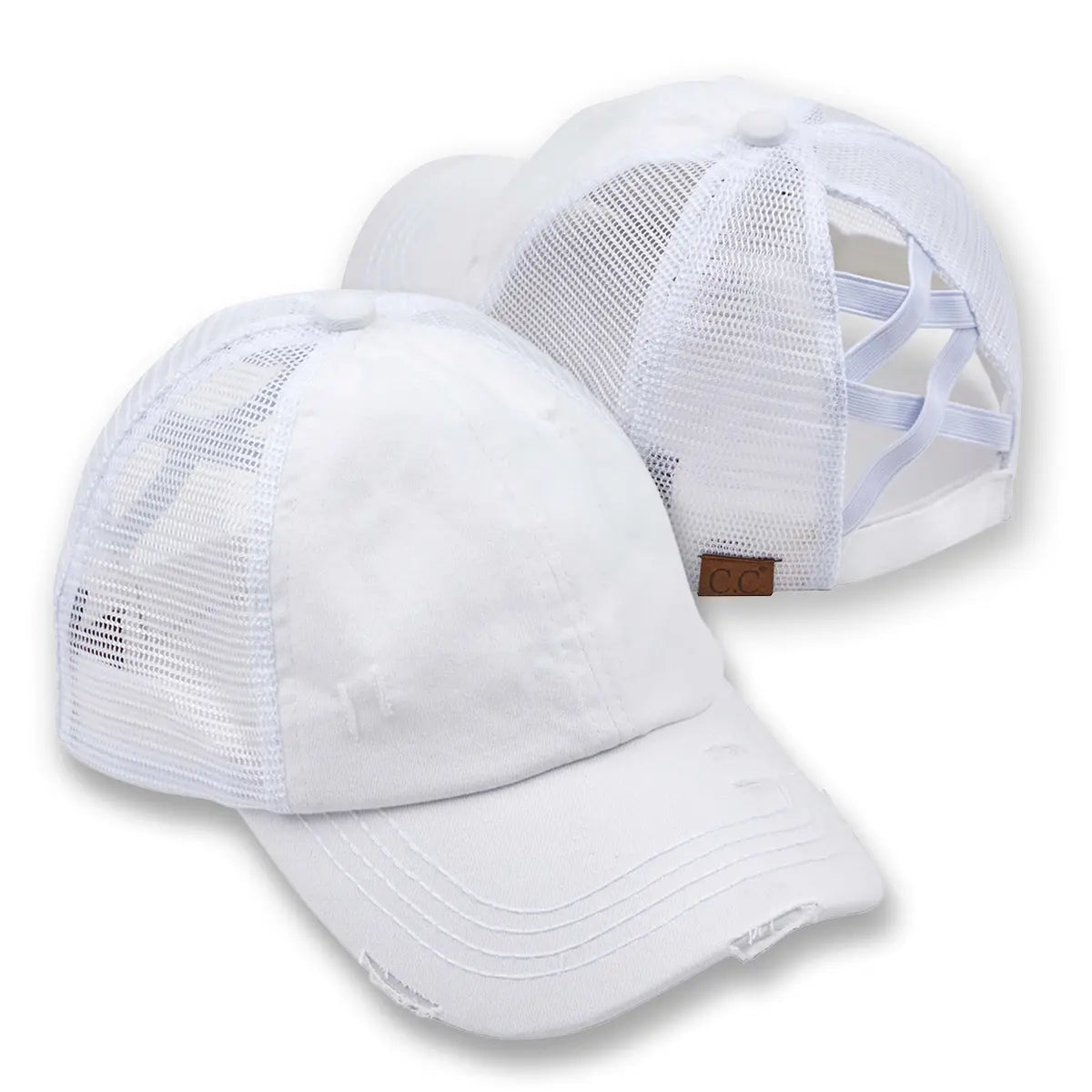 Distressed Criss-Cross Ponytail Cap