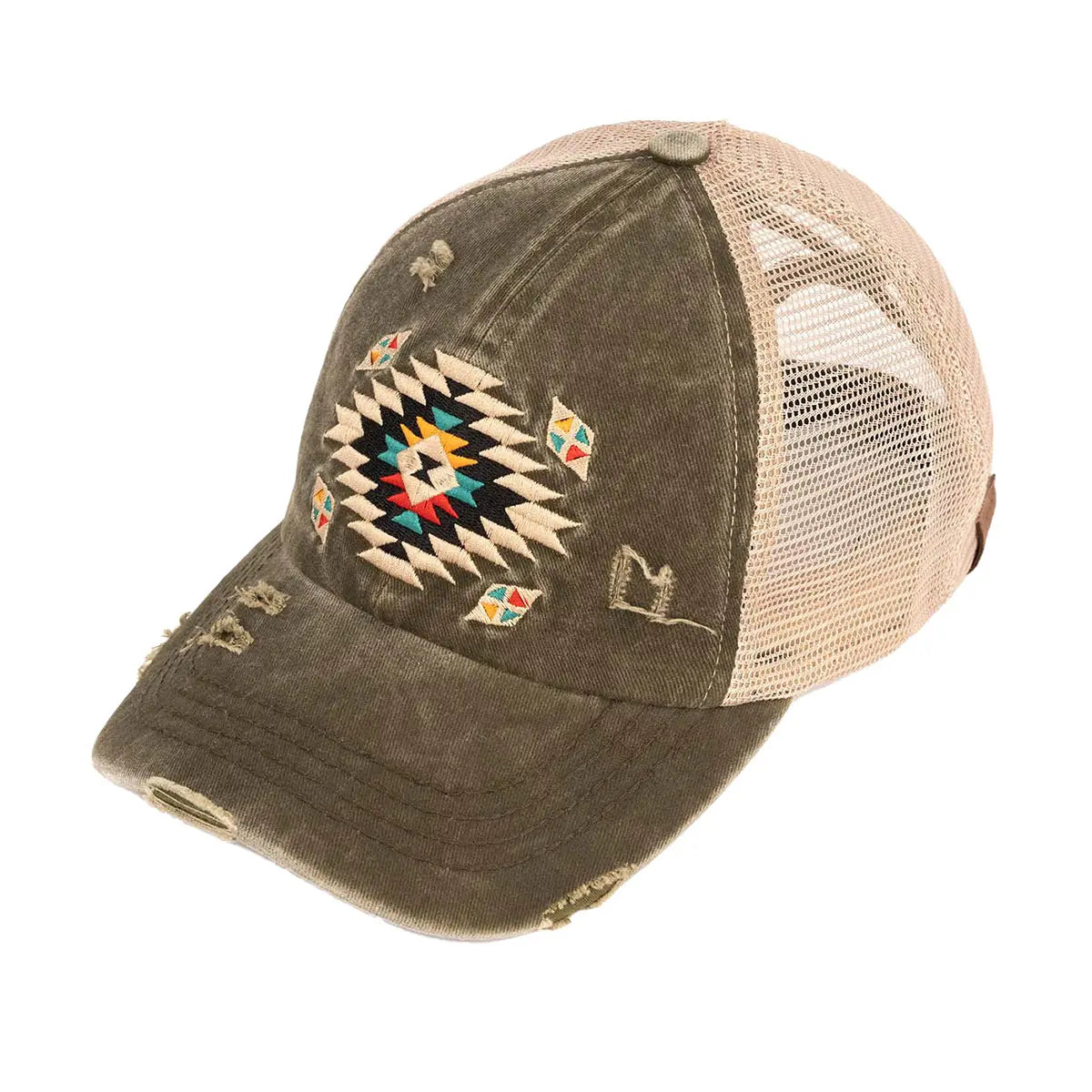 Distressed Aztec Patch Criss-Cross Ponytail Cap